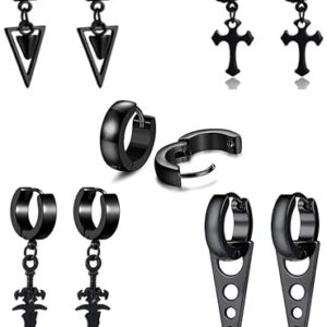 5 Pairs Punk Hip-hop Stainless Steel Black Dagger Geometric Triangle Cross Sword Dangle Surgical Huggie Hoop Earrings Set Gift for Men Women Teen