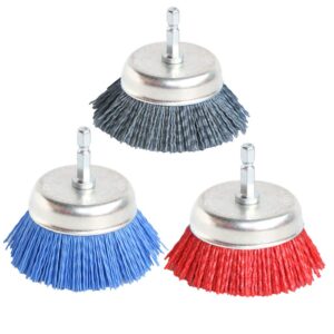 3Pcs 3 Inch Assorted Cup Brushes Abrasive Wire Nylon Cup Brush for Drill,Grit 80 120 320 with 1/4″ Shank,Rotary Brushes for Machines