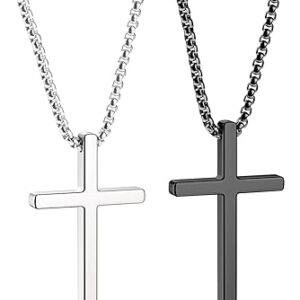 Romass 2 Pcs Cross Necklace for Men,Stainless Steel Pendant Silver Black Crosses Chain Jewelry Gifts Box 16-30 inches