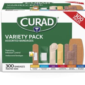 CURAD Assorted Bandages Variety Pack, 6 Styles Including Antibacterial, Waterproof, Sheer, Plastic, Heavy Duty & Flex-Fabric, Protects Scrapes, Cuts & Burns, Latex-Free, 300 Count