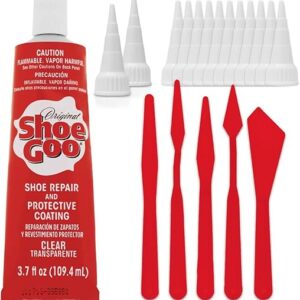 Shoe Goo Repair Adhesive for Fixing Worn Shoes or Boots, Clear, 3.7 Ounce (109.4mL), 10 Snip Tip Applicator Tips and Pixiss Spreader Tools Set