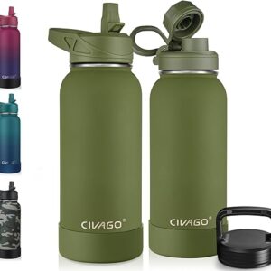 CIVAGO 32 oz Insulated Water Bottle With Straw, Stainless Steel Sports Water Cup Flask with 3 Lids (Straw, Spout and Handle Lid), Wide Mouth Travel Thermal Mug, Army Green