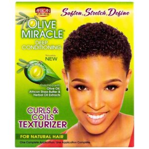 African Pride Olive Miracle Curls & Coils Texturizer – Contains Aloe Vera, Castor Oil & Biotin to Condition & Define Hair, Protect, 1 Kit