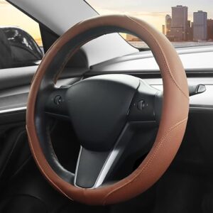 Leather Steering Wheel Cover, Car Steering Wheel Cover, Microfiber Leather Covers Breathable Anti-Slip Odorless Universal Fit 14.5-15 inches – Brown