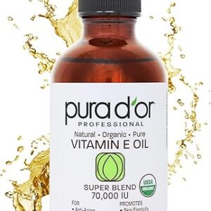 PURA D’OR 4 Oz ORGANIC Vitamin E Oil Blend 70,000 IU – 100% Natural Hexane Free, Sweet Almond, Apricot, Jojoba, Argan, Rosehip, Sunflower & Avocado Bath Oil For Scars, Skin, Face & Full Body
