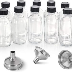 12 Pack, 2 oz Small Clear Glass Bottles w/ Lid & 3 Stainless Steel Funnels – 60ml Boston Sample Bottles – Mini Travel Essential or Decorative Bottles for Potion, Juice, Wellness, Ginger Shots, Whiskey