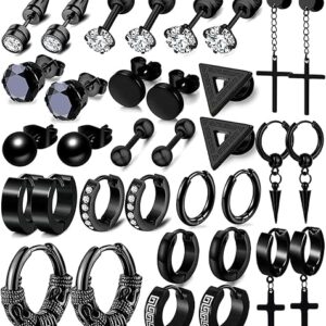 17 Pairs Earrings for Men, Stainless Steel Earrings For Men Sensitive Skin, Fashion Earring Piercing Jewelry Cross Dangle Hoop Earrings Kit Studs Long-lasting Shine