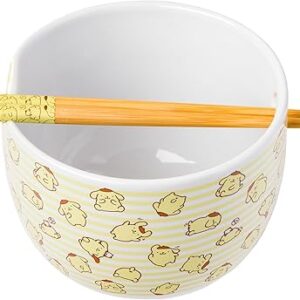 Silver Buffalo Sanrio Hello Kitty and Friends Pompompurin Pattern Ceramic Ramen Noodle Rice Bowl with Chopsticks, Microwave Safe, 20 Ounces