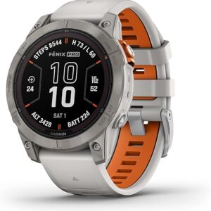 Garmin fēnix 7 Pro Sapphire Solar, Multisport GPS Smartwatch, Built-in Flashlight, Solar Charging Capability, Fog Gray/Ember Orange