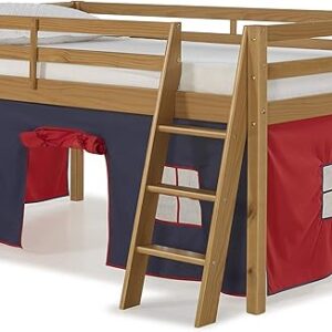 Roxy Twin Size Solid Wood Junior Loft Bed with Red & Blue Tent & Cinnamon-Colored Finish for Kids – Includes Full Length Guard Rail, Indoor Fun Fort Tent, Safety Ladder