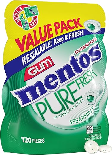 Mentos Pure Fresh Holiday Sugar-Free Chewing Gum with Xylitol, Spearmint, Holiday Christmas Stocking Stuffers for Adults & Kids, 120 Piece Bulk Resealable Bag (Pack of 1)
