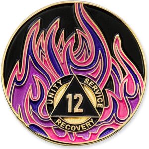 12 Year Sobriety Mint Twisted Flames Gold Plated AA Recovery Medallion/Chip – Black/Pink/Purple/Blue