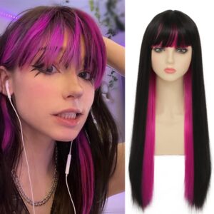 Black and Purple Straight Wig with Bangs