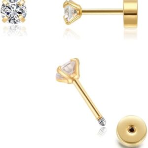 3mm Tiny CZ Screw on Flat Back Stud Earrings,Gold Plated Flat Back Cubic Zirconia Earrings for Helix Cartilage Tragus Earlobe Piercing Jewe…