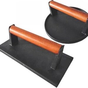 Cast Iron Grill Presses with Wood Handle (Round & Rectangle w Flat Bottom)