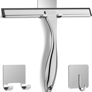 All-Purpose Stainless Steel Shower Squeegee for Shower Glass Door with 2 Adhesive Hooks, Bathroom Cleaner Tool Household Window Mirror Sque…