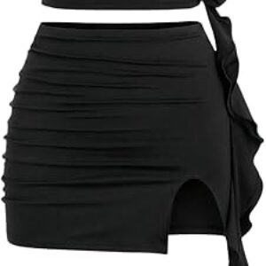 GORGLITTER Women’s 2 Piece Skirt Sets 3D Flower Ruched Tube Tops and Bodycon Split Mini Skirts Going Out Outfits