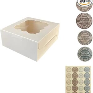 50Pcs (6x6x3 in) Mini Cake Boxes+3 stickers with Display Window for Gift Giving, Bakesale, Cupcakes, Dessert, Cookies, Pie, Macaroons, Donu…