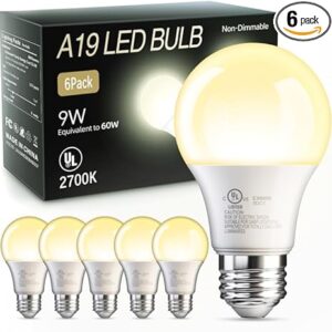 TJOY 6 Pack A19 LED Light Bulbs, 60 Watt Equivalent LED Bulb, Soft Warm White 2700K, Efficient 9W, E26 Standard Base, Non Dimmable Energy Sa…