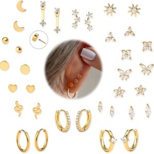 KRFY Flat Back Stud Earrings – 17 Pairs 18K Hypoallergenic Surgical Steel Stud Earrings For Women Stainless Steel Gold Hoop Earrings Tiny Sc…