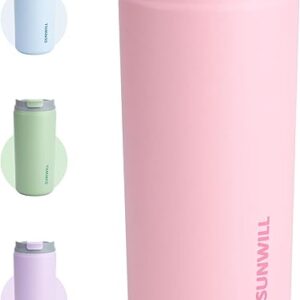 SUNWILL Insulated Coffee Mug with Lid, Leak Proof Tumbler Stainless Steel, 12 oz Travel Cup for Office, Home, Powder Coated Light Pink