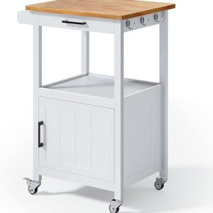 Rolling Kitchen Island Cart with Drawer, Storage on Wheels, Small Home Coffee Bar, Microwaves Stand, Table/Cabinet and Side Hook, White