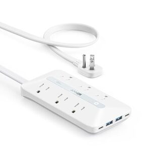 Anker Flat Plug Power Strip(300J), 20W USB C Power Strip, 10-in-1 Ultra Thin Power Strip with 6 AC, 2 USB A/2 USB C,5feet Extension Cord, Desk Charging Station,Home Office College Dorm Essentials