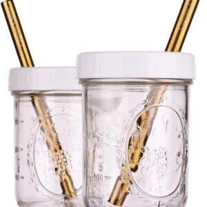 Reusable Wide Mouth Smoothie Cups for Boba Tea/Bubble Tea with Lids and Gold Straws, Mason Jars Glass Cups (2-pack, 16 oz) Brand Capsule Classic