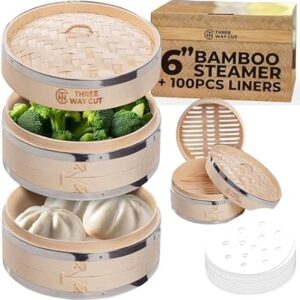 6 inch Dumpling Bamboo Steamer 2 Tier (Steel Reinforced) W/ 100PCS Liners – 2 Bamboo Steamer Basket & Lid, Dumpling Steamers For Food Cooki…