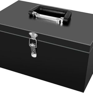 Small Steel Metal Tool Box, Lockable Storage Box for Storing Valuable Items, Office Documents, Garage Tools (12″ Black)