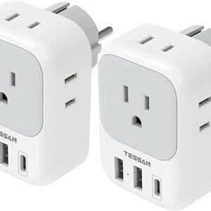 TESSAN 2 Pack Type E F Plug Adapter USB C, Germany France Power Adaptor with 3 USB Charger Ports, 4 Outlets Plug for US Travel to Europe EU…
