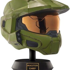 HALO Master Chief Deluxe Helmet with Stand – LED Lights on Each Side – Battle Damaged Paint – One Size Fits Most – No Sounds or SFX