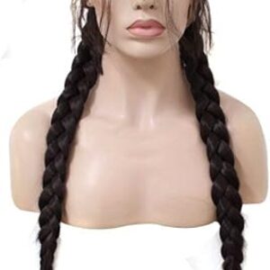 ANOGOL Hair Cap+Long Double Braids 2# Natural Black Synthetic Braided Lace Front Wig with Baby Hair Wigs Heat Resistant Fiber Middle Part