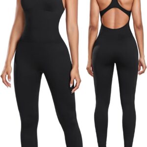 OLCHEE Womens Workout Jumpsuits Seamless Yoga Gym Bodycon Rompers Sexy Racerback Tummy Control Padded Bra Unitard