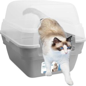 Petfamily Cat Litter Box, Large Foldable Jumbo Hooded with Transparent Lid,Grey
