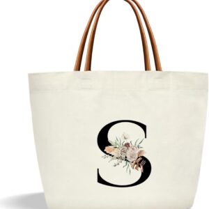 Boho Monogram Initial S Tote Bags for Women, Personalized Canvas Tote Bags Monogrammed Gifts for Women Birthday Wedding Gifts for Mom Siste…