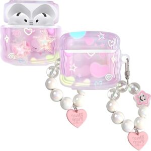 Cute Cases for AirPod 4 Glitter 3D Stars Design with Love Pendant Colorful Round Bead Keychain Clear Case Compatible with Airpods 4 Soft Pro…