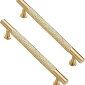 Solid Brass Cabinet Handles 5 Pack, Brushed Gold Dresser Drawer Pulls, 5 Inch Kitchen Cabinet Hardware, Furniture Pulls for Cupboard Wardro…