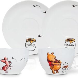 Disney Winnie the Pooh Bone China 4-Piece Teacup and Saucer Set | Tea Party With Coffee, Espresso, Mocha