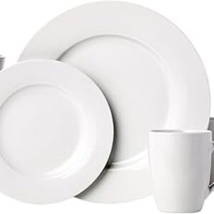 Amazon Basics 16-Piece Porcelain Kitchen Dinnerware Set with Plates, Bowls and Mugs, Service for 4 – White