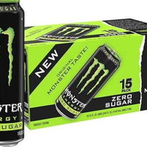 Monster Energy Zero Sugar, Green, Original, Low Calorie Energy Drink, 16 ounce (Pack of 15)