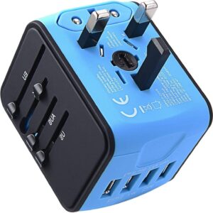 International Travel Adapter Universal Power Adapter Worldwide All in One 4 USB Perfect for European US, EU, UK, AU 200+ Countries (Blue)