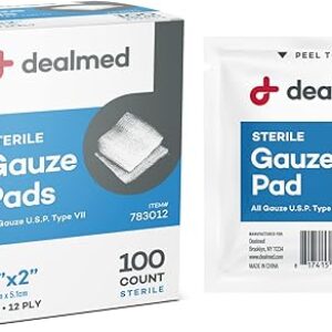 Dealmed 2’’ x 2’’ Sterile Gauze Pads (100 Count) Disposable and Individually Wrapped Medical Gauze Pads, Wound Care Product for First Aid K…