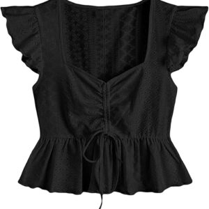 SOLY HUX Women’s Ruched Sweetheart Neck Cap Sleeve Ruffle Trim Peplum Crop Blouse Tops