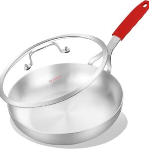 DELARLO 10inch Tri-Ply Stainless Steel Pan with lid, Induction Stainless Steel Frying Pan With Lid, Oven Safe Skillet 10in, Heat quickly an…