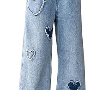 AOWKULAE Girls Jeans Elastic Waist Wide Leg Pants Kids Jeans 4-14 Years