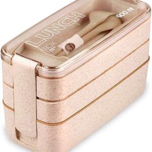 Iteryn Bento Adults Lunch Box, Stackable Bento Box, 3-In-1 Compartment – Wheat Straw, Leakproof Bento Lunch Box Meal Prep Containers