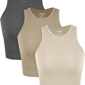 ODODOS 3-Pack Seamless Crop Tank for Women Ribbed Soft High Neck Cropped Tops