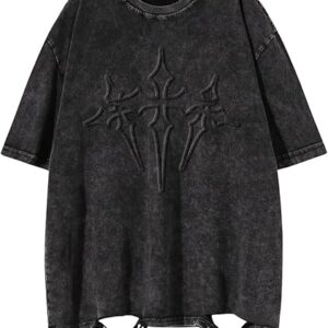 Men’s Grunge Graphic Oversized Tee Shirts Y2K Vintage Short Sleeve Acid Wash Distressed T Shirt Top