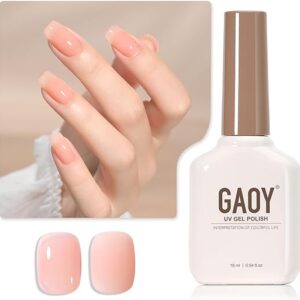 GAOY Sheer Nude Pink Gel Nail Polish, 16ml Jelly Natural Peach Translucent Color 1318 UV Light Cure Gel Polish for Nail Art DIY Manicure an…